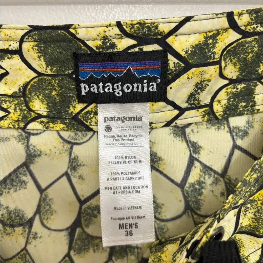 Vintage Patagonia Men’s Fish Scale Print Swim Trunks Yellow and Green - Size 36